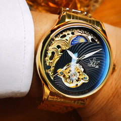 Gold Skeleton Mens Watch Retro Moon