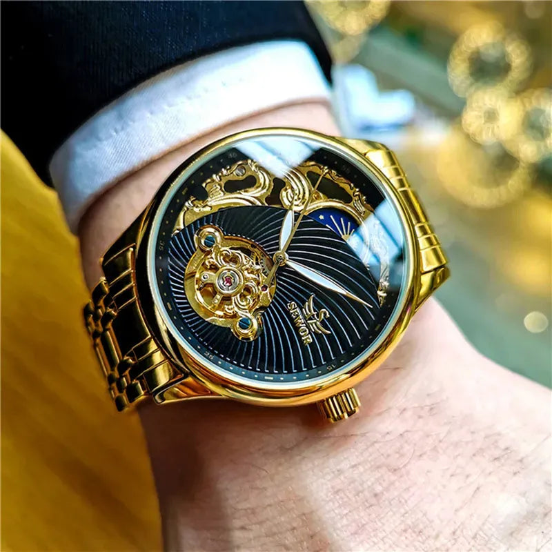 Gold Skeleton Mens Watch Retro Moon